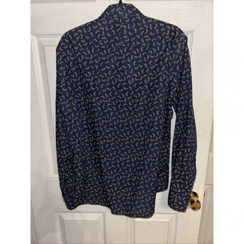 Banana Republic Men's M Shirt Navy Blue Banana Print Luxe Poplin LS Button-down